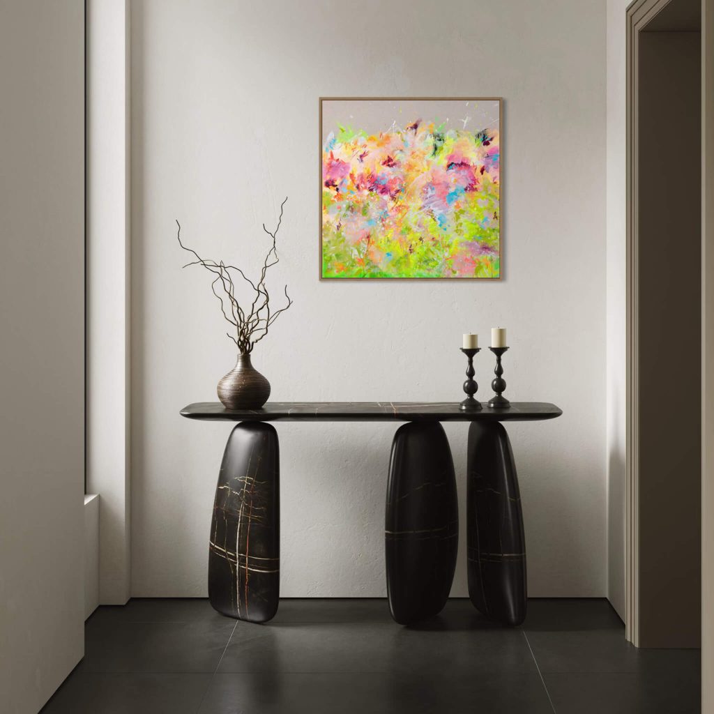 Wohnraumsimulation buntes Bild-moderner Tisch aus Stein-Vase-Fenster links